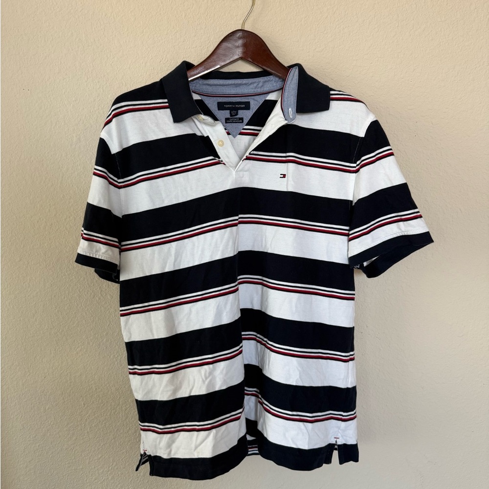 Tommy Hilfiger Men's Polo with Black, White, and Red Stripes